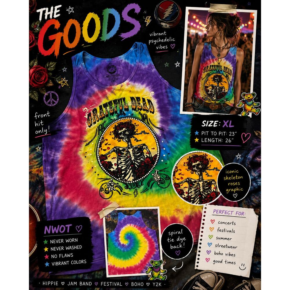 NWOT Grateful Dead Tie Dye Tank Top XL Skeleton Roses Festival Y2K